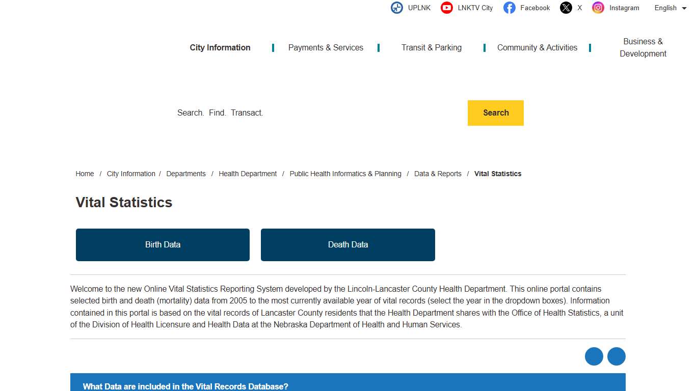 Vital Statistics – City of Lincoln, NE