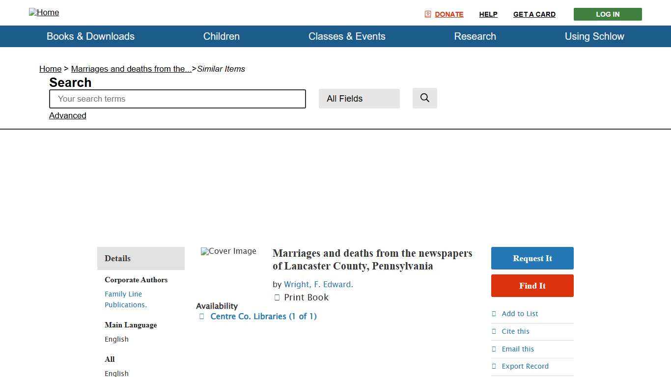 Similar Items: Marriages and deaths from the newspapers of Lancaster County, Pennsylvania