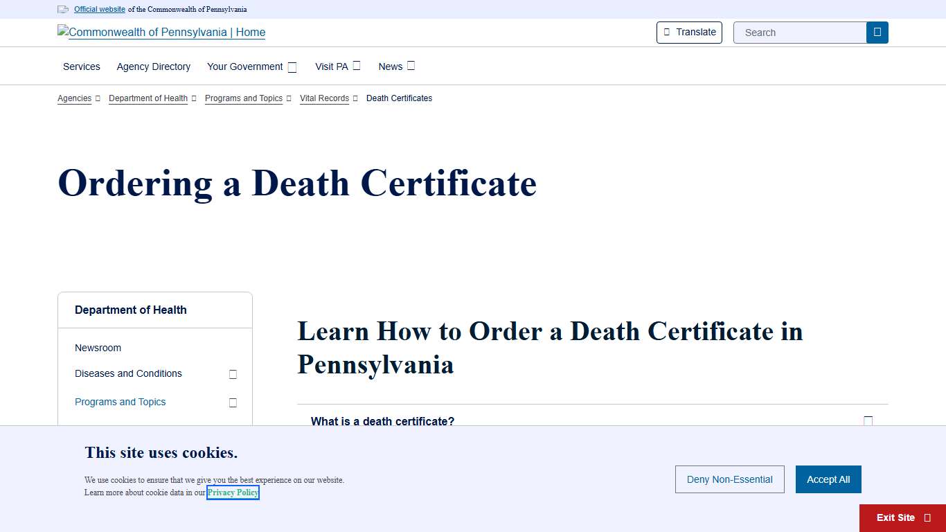 Death Certificates | Department of Health | Commonwealth of Pennsylvania
